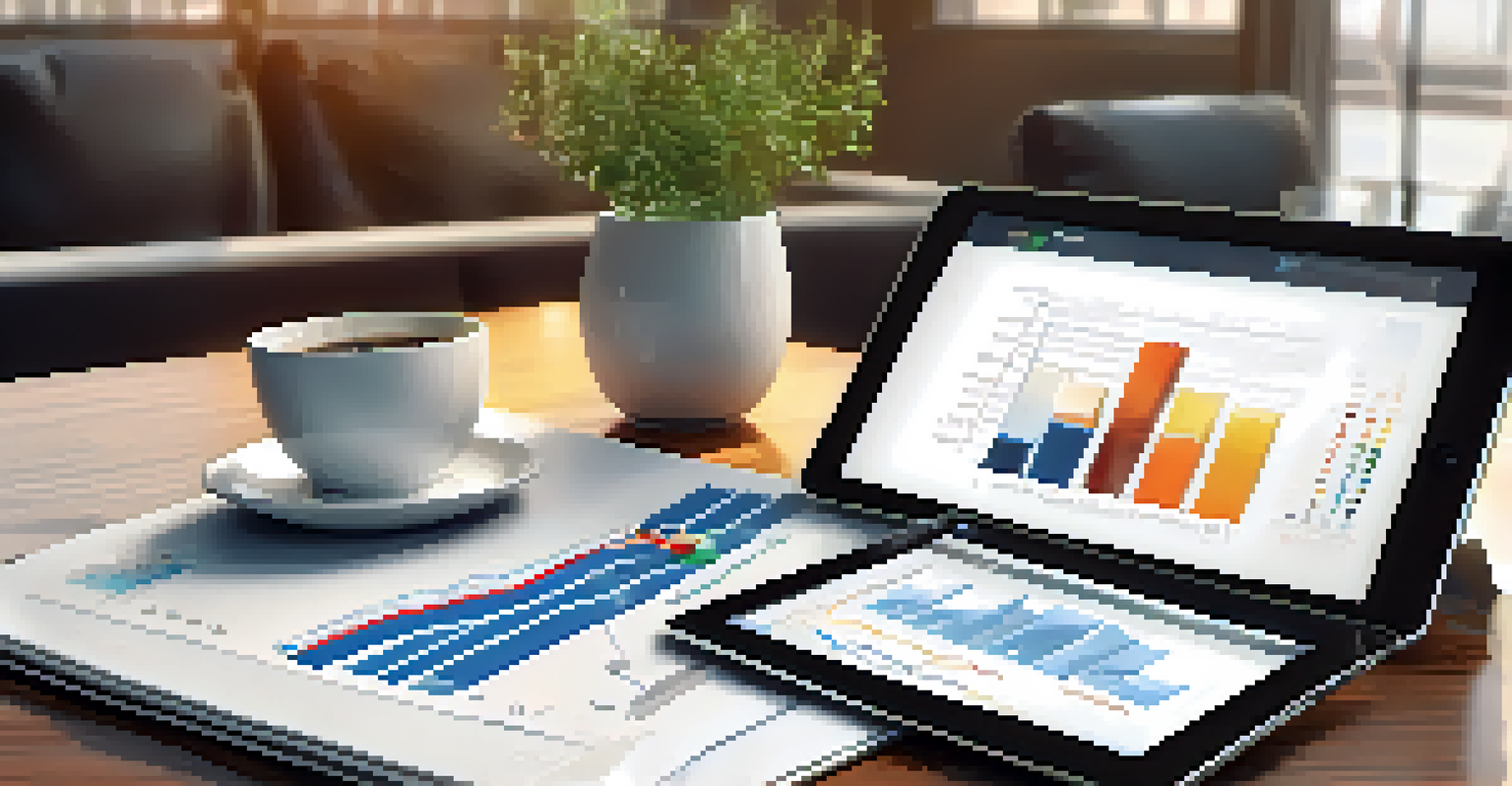 A tablet showing an elegant marketing proposal with graphs and property images in a cozy office setting.