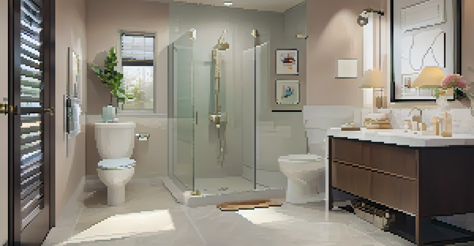A cozy family bathroom with a higher toilet seat, grab bars, and an adjustable mirror, featuring soft colors and effective task lighting.