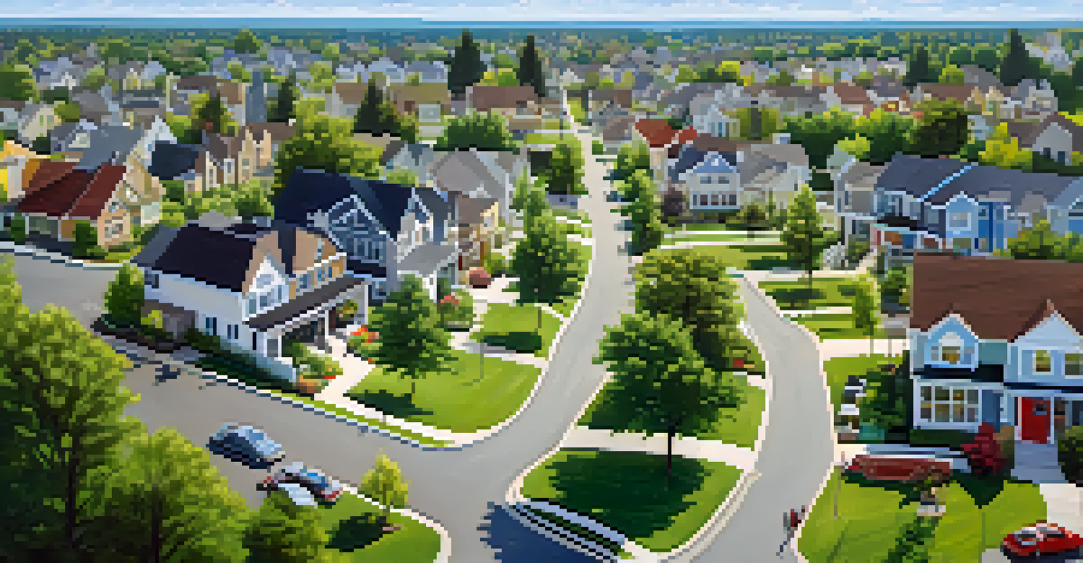 Aerial view of a suburban neighborhood featuring homes, parks, and families enjoying outdoor activities.