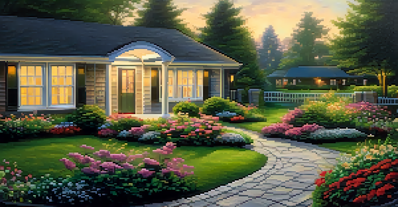 An outdoor pathway to a senior's home, well-lit with motion-sensor lights, surrounded by greenery and flowers, emphasizing safety.