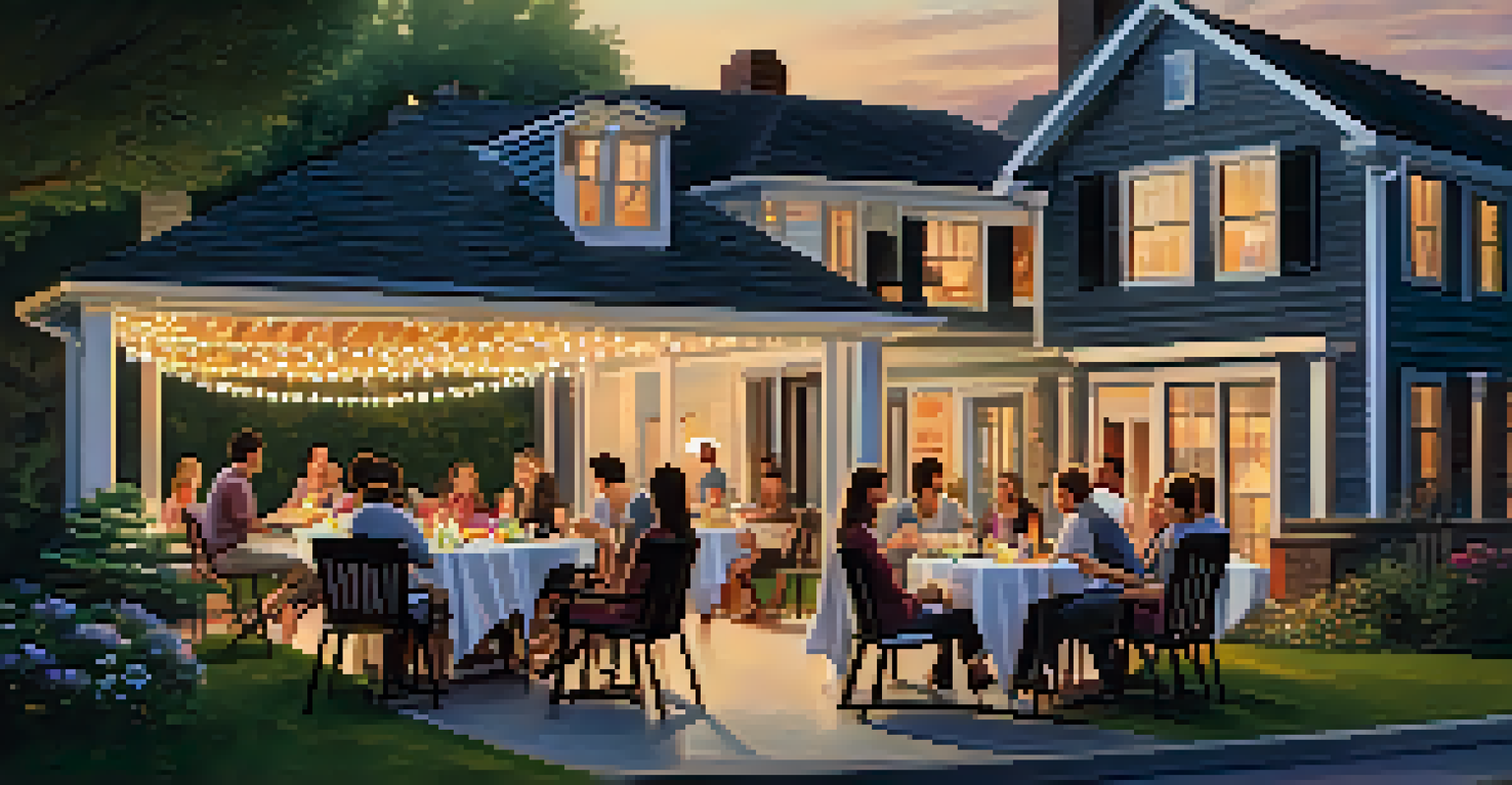 An outdoor evening open house in a backyard with string lights, guests mingling, and a table set with refreshments, creating a warm and inviting atmosphere.