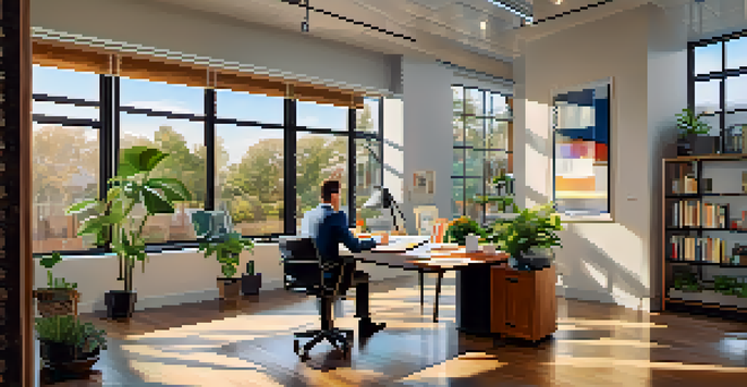A real estate agent in a bright office, analyzing multiple offer documents on a desk, with plants and photos around.