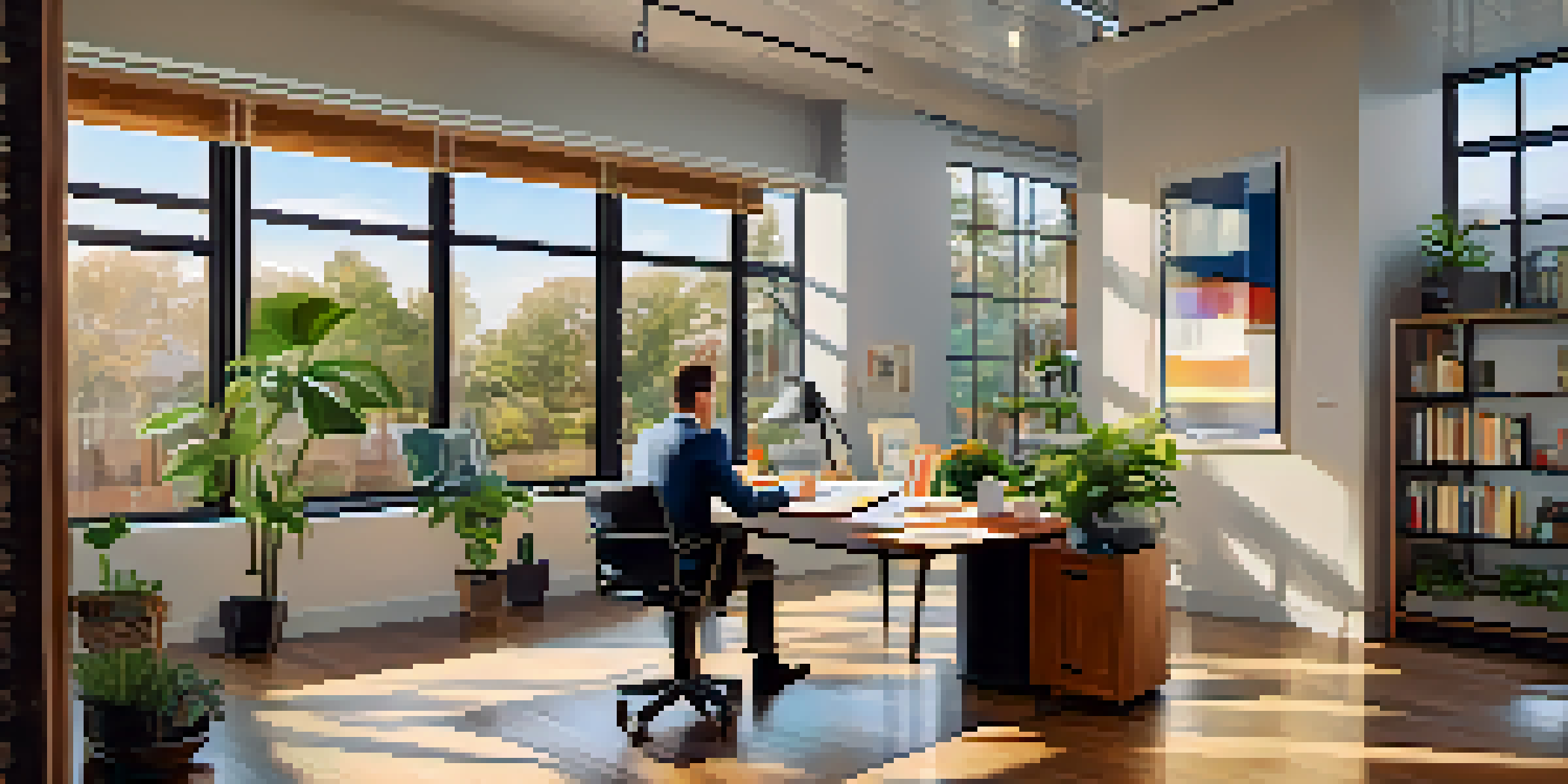 A real estate agent in a bright office, analyzing multiple offer documents on a desk, with plants and photos around.