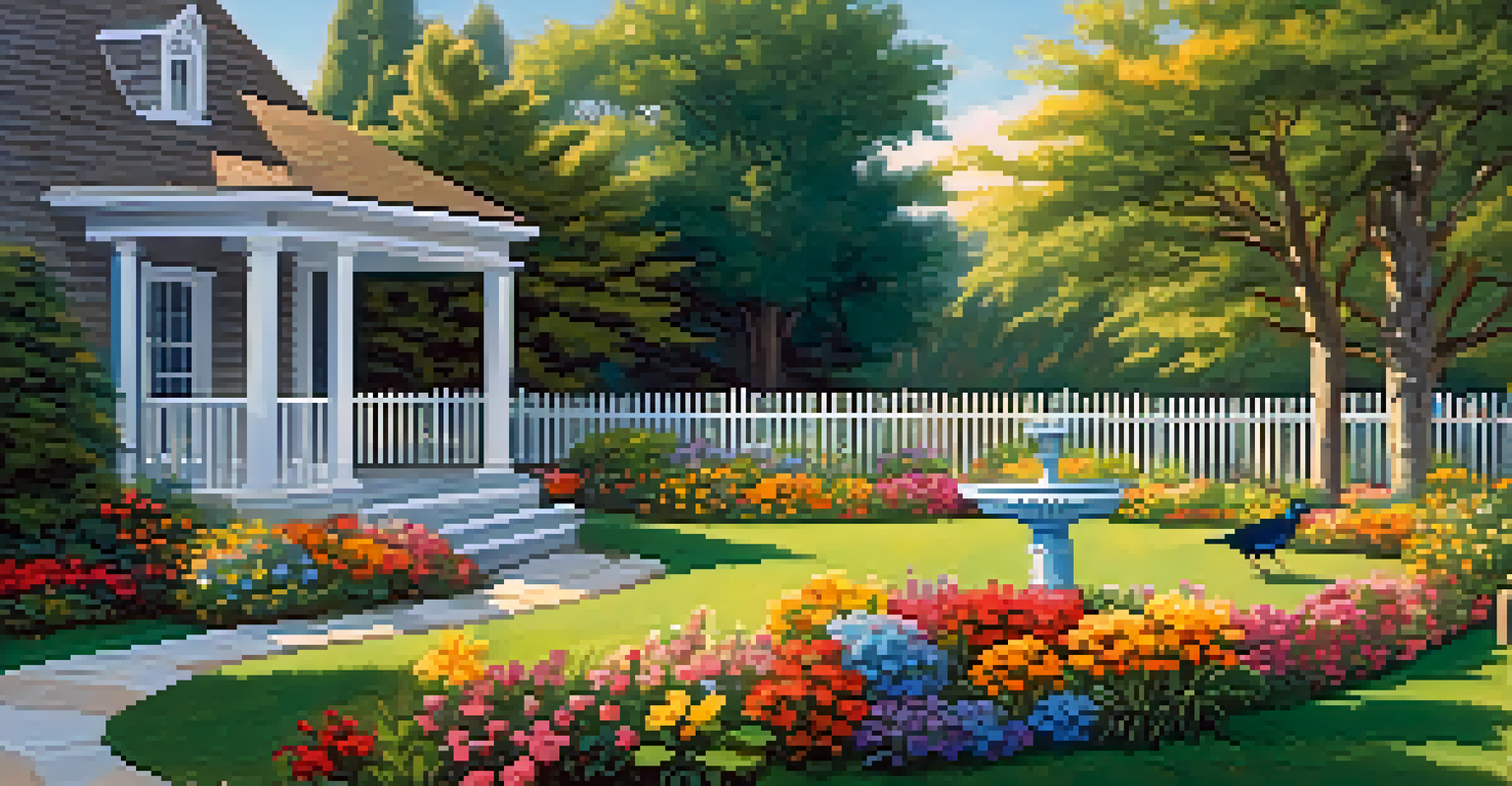 A serene garden with vibrant flowers, a wooden bench, and a clear blue sky, surrounded by a white picket fence.