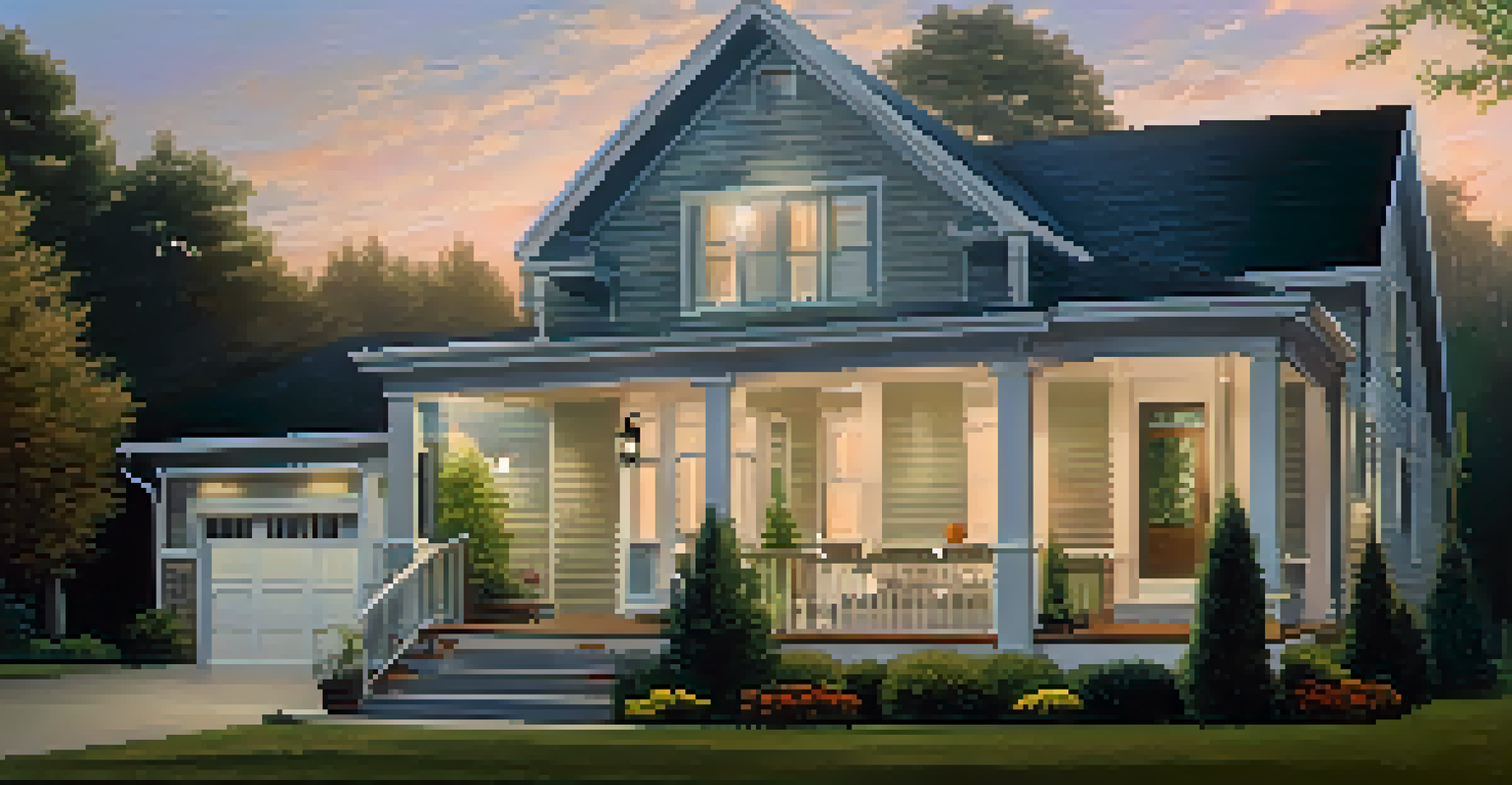 An exterior view of a house with smart security features, including automated lights and a security camera.