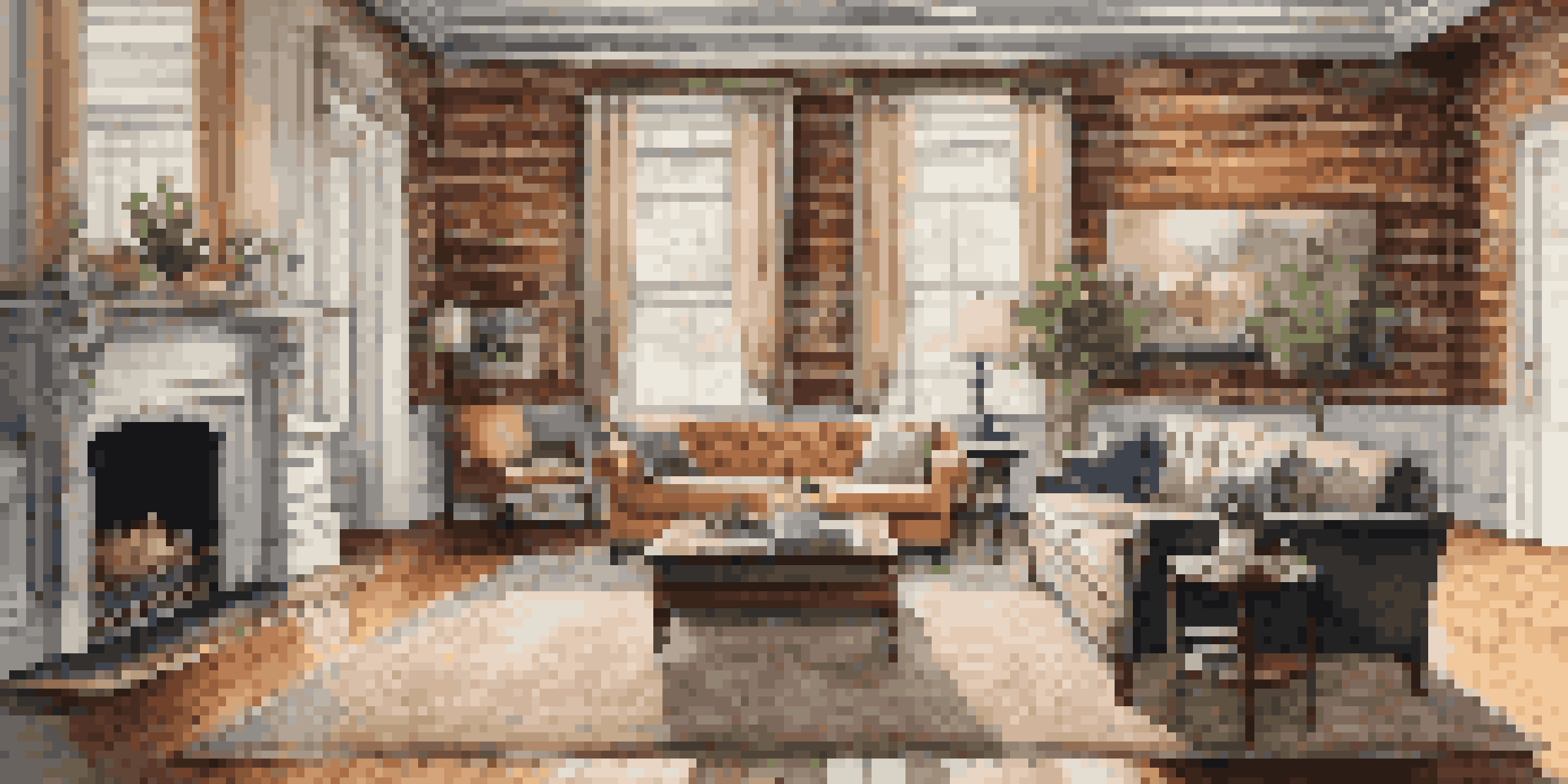 A renovated historic living room with vintage crown molding, a brick wall, and a mix of modern and vintage furnishings, illuminated by natural light.