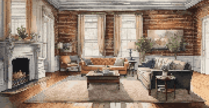 A renovated historic living room with vintage crown molding, a brick wall, and a mix of modern and vintage furnishings, illuminated by natural light.