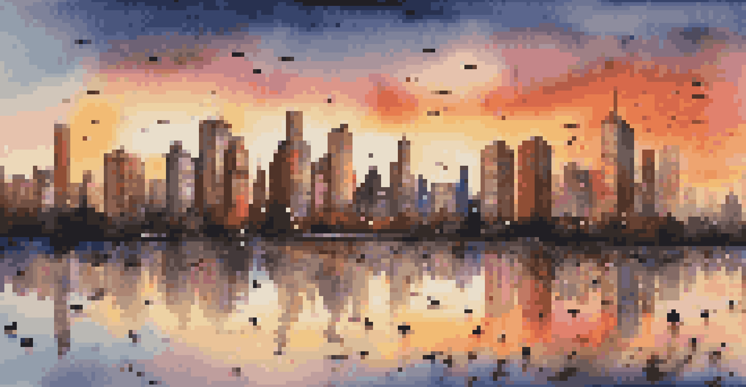 A stunning city skyline at sunset with colorful skies and modern buildings.