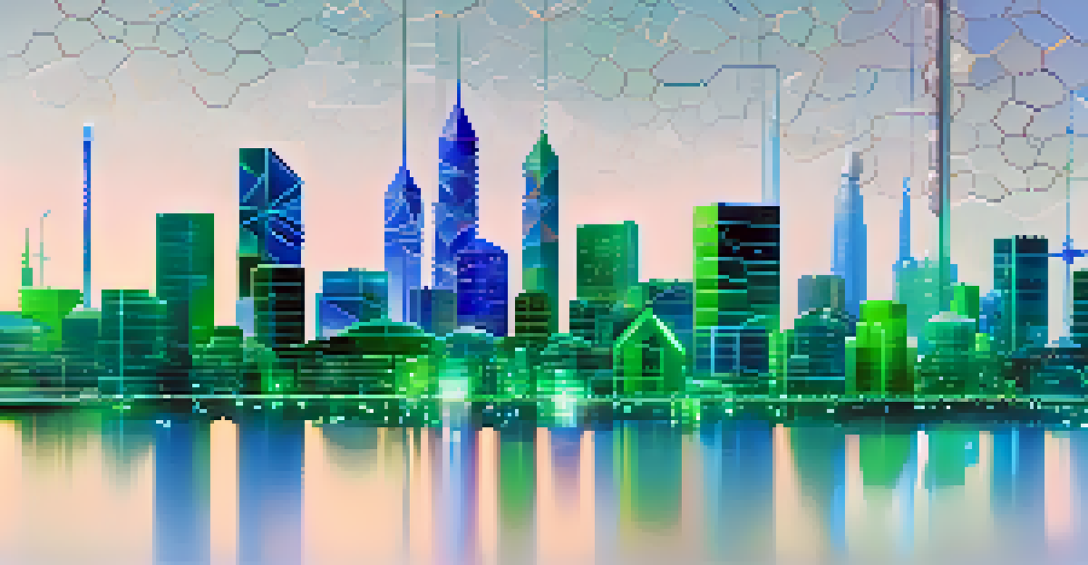 An abstract representation of blockchain technology with digital tokens above a cityscape.