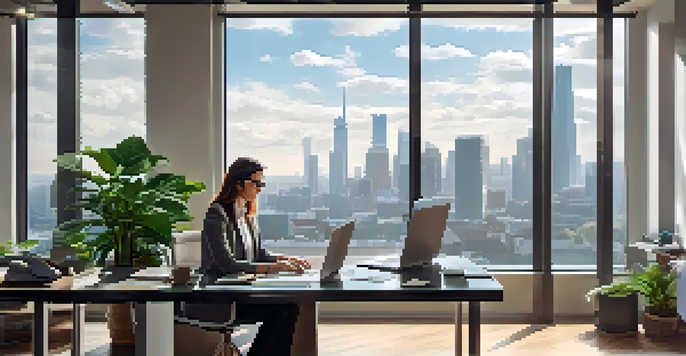 A professional real estate agent reviewing a property listing in a modern office with a city skyline in the background.