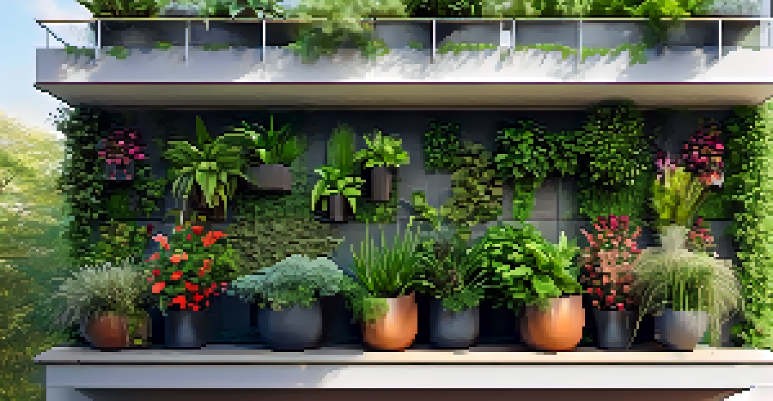 A vertical garden on a balcony, showcasing wall-mounted planters with herbs and flowers cascading down, illuminated by sunlight.