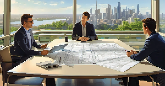 A contractor and client discussing project details at a conference table, with blueprints and laptops present.