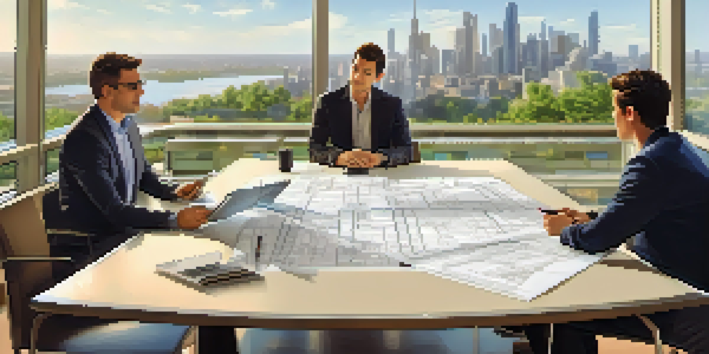 A contractor and client discussing project details at a conference table, with blueprints and laptops present.