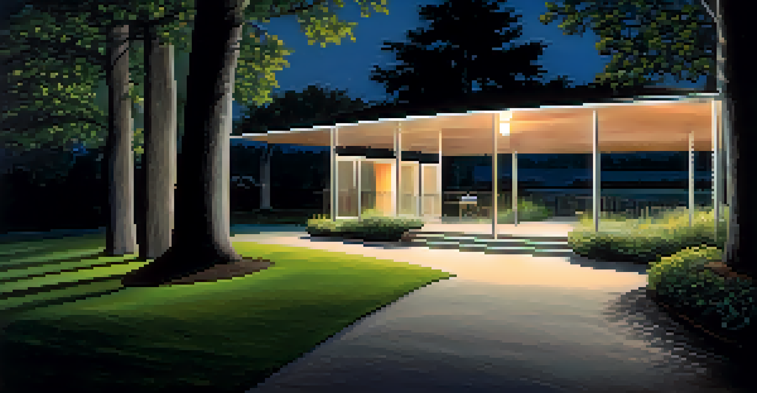 A driveway illuminated by motion-sensor floodlights as a person walks by at night, showcasing safety and visibility.