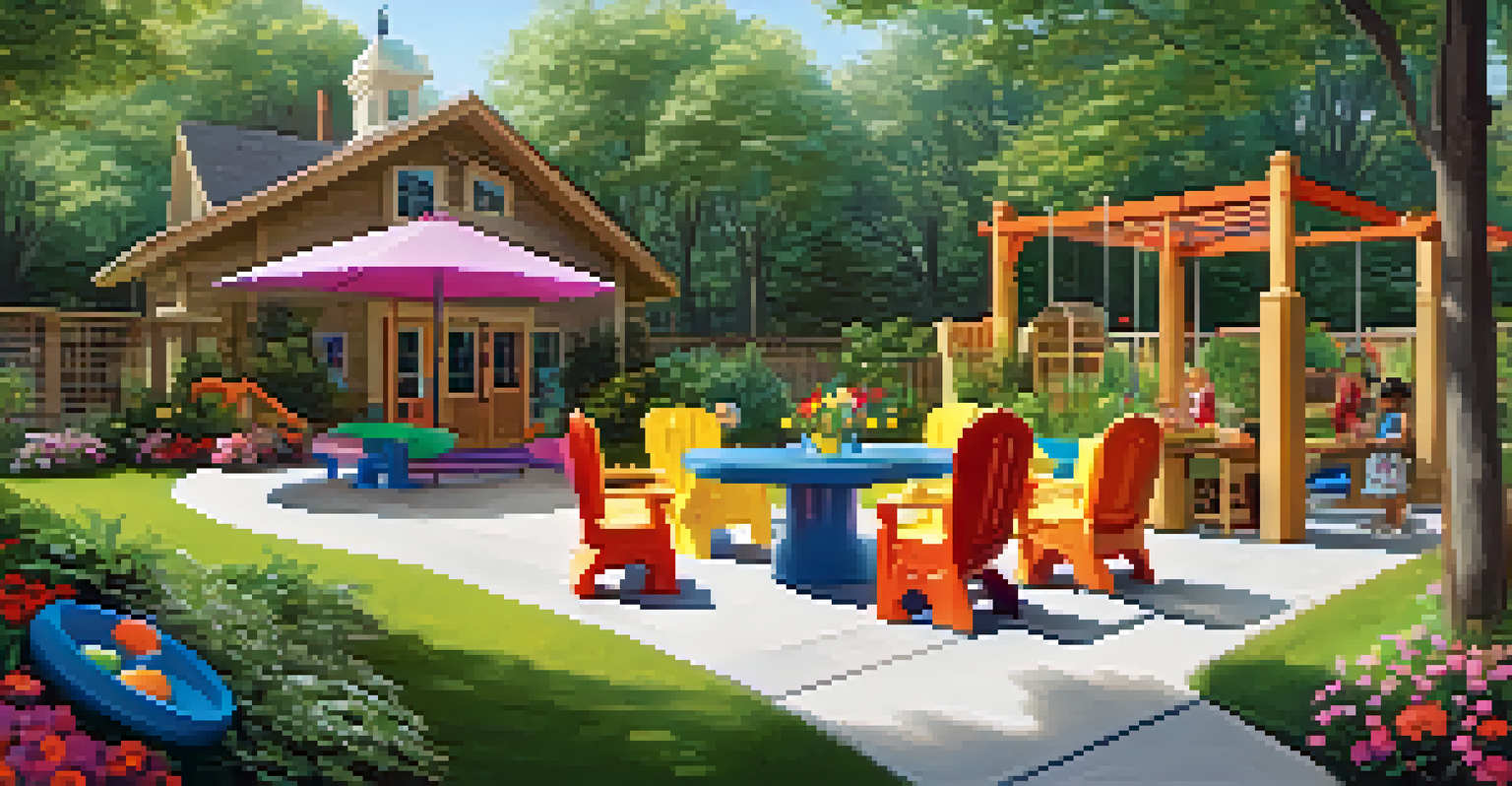 A vibrant outdoor family space with a garden, patio, play structure, and sandbox.