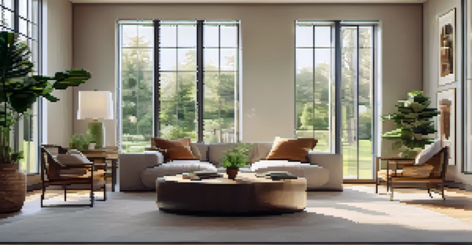A bright and airy modern living room featuring large high-performance windows that overlook a green garden, with minimalist decor and warm lighting.