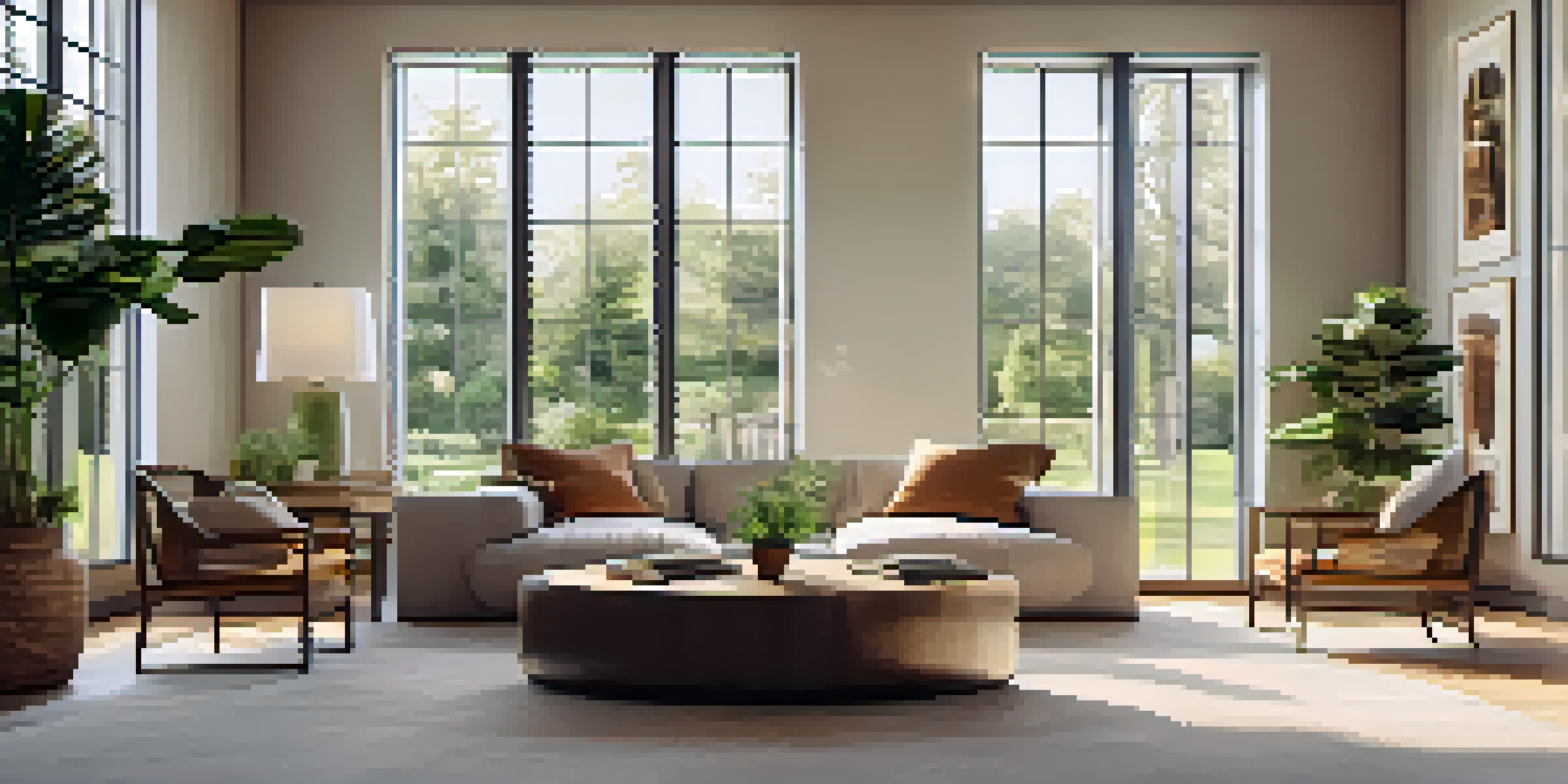 A bright and airy modern living room featuring large high-performance windows that overlook a green garden, with minimalist decor and warm lighting.