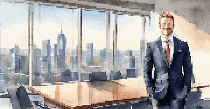 A confident business professional in a suit standing in a conference room with a city skyline view, arms crossed and smiling.