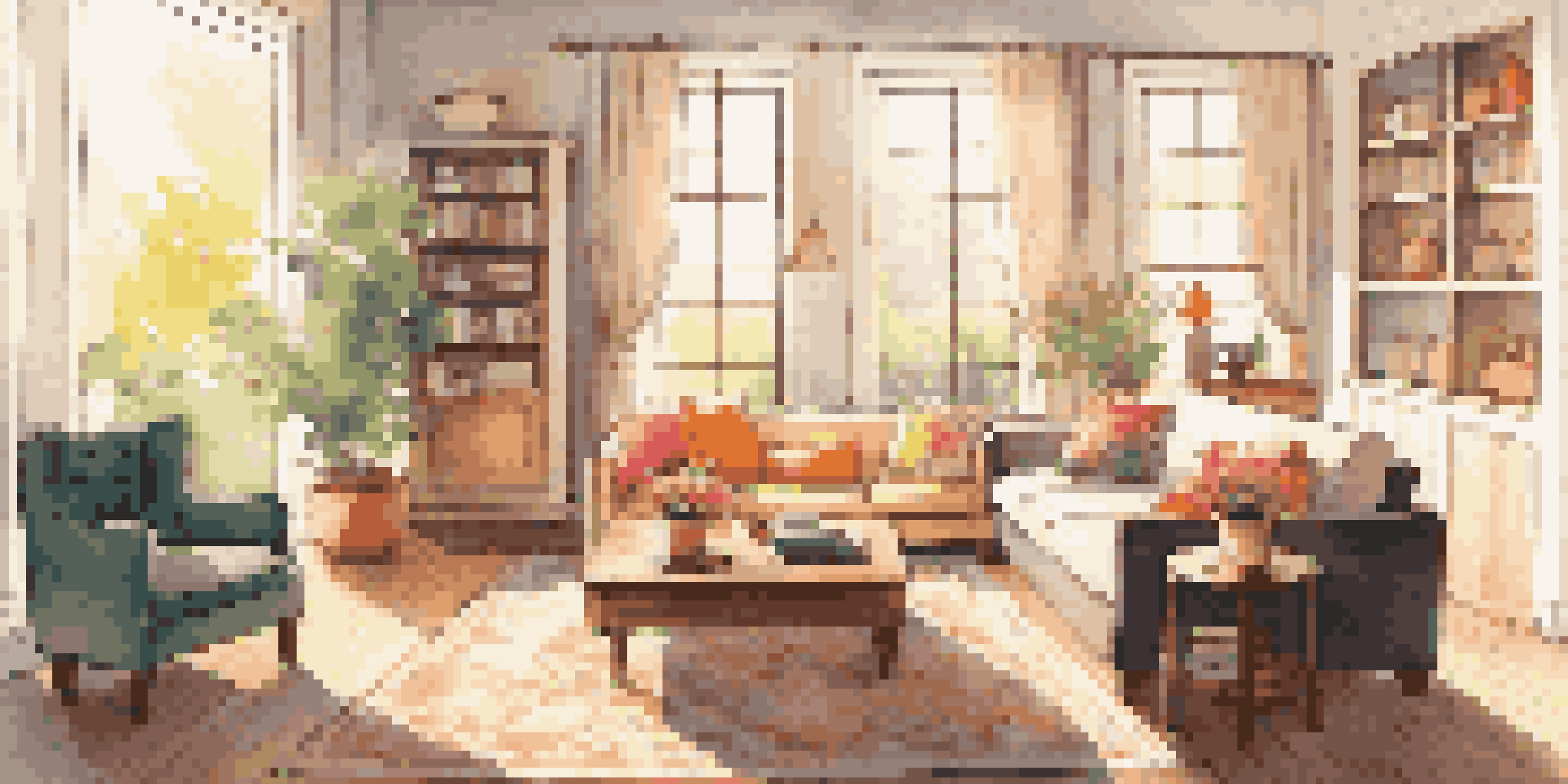 A bright and tidy living room with a comfortable sofa, colorful cushions, and a vase of flowers on the coffee table.