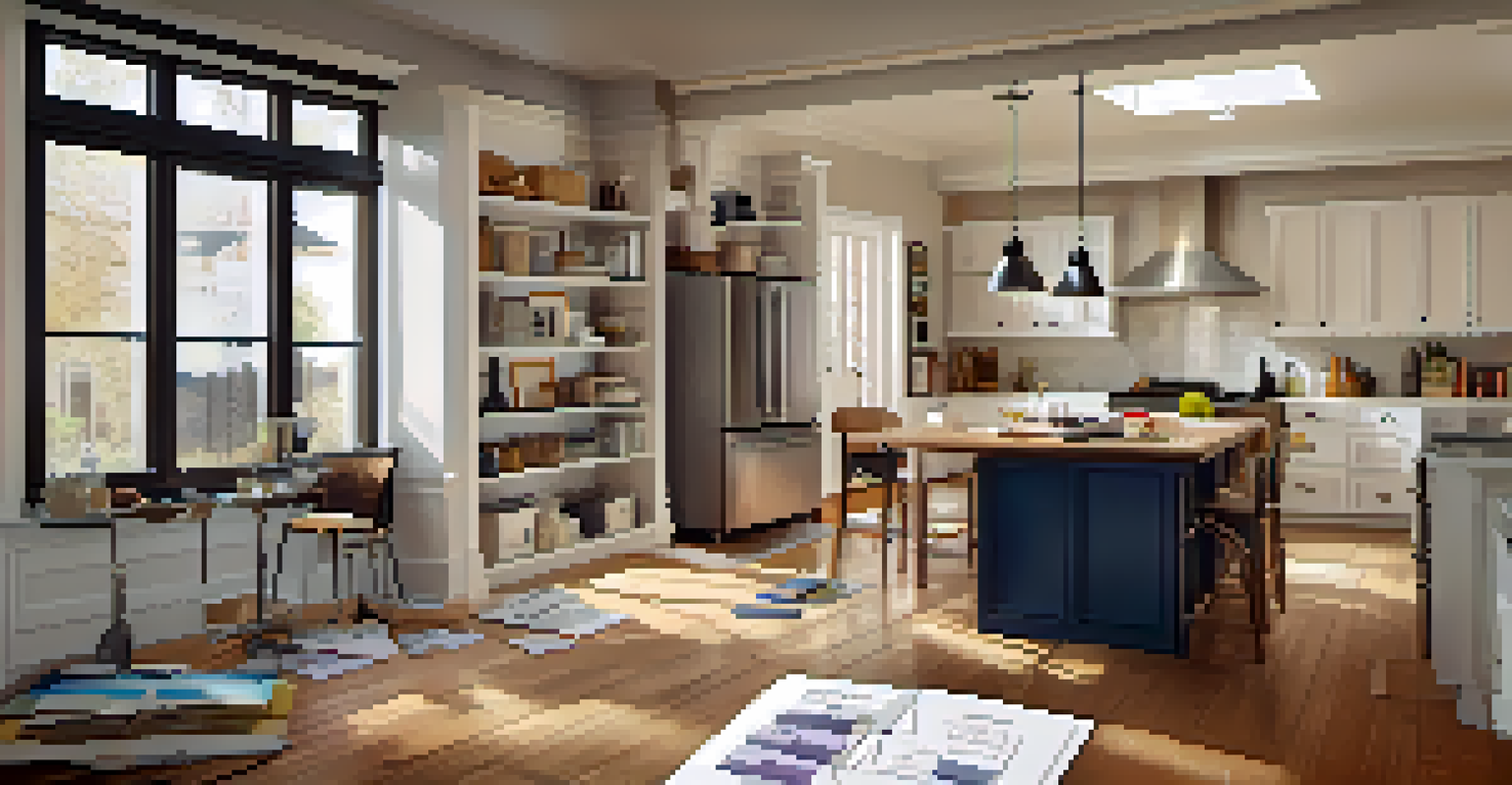 A renovation plan on a table surrounded by tools and paint swatches, showcasing a kitchen layout with sketches and notes.