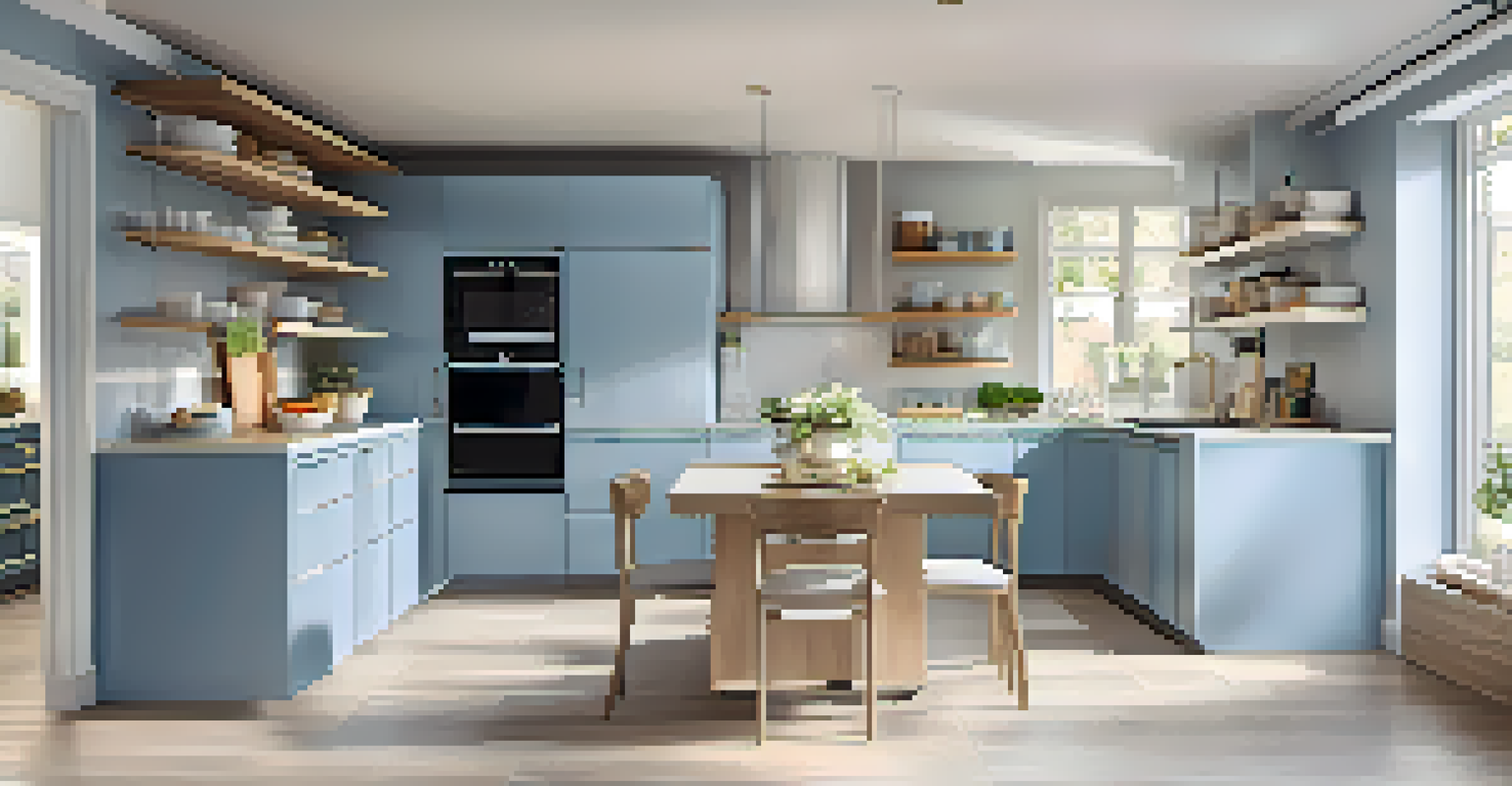 A bright and modern kitchen designed for accessibility, featuring lower countertops, pull-out shelves, and a stylish color scheme.