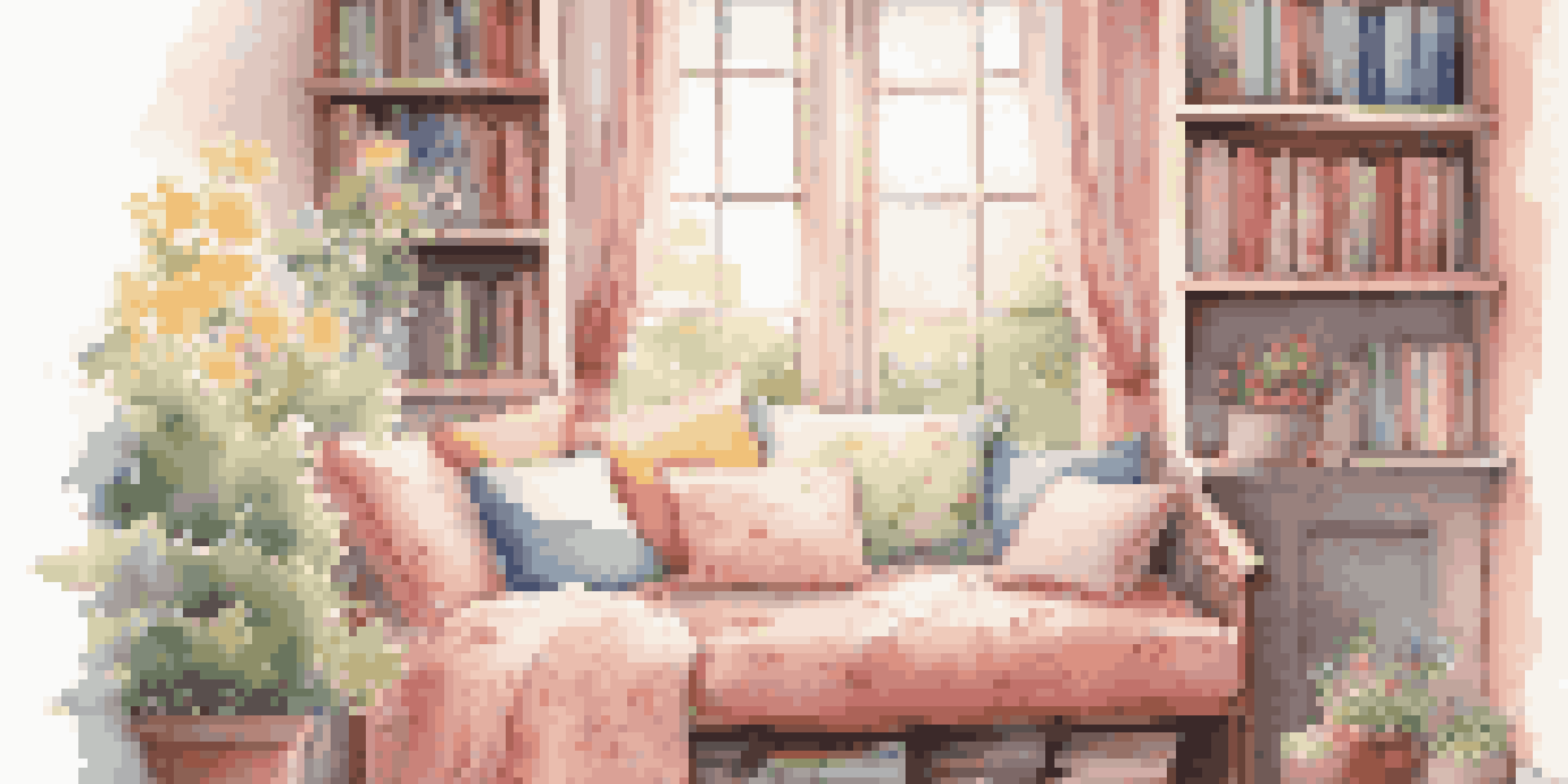 A bright and cheerful reading nook for children, adorned with spring-themed decorations and soft lighting.