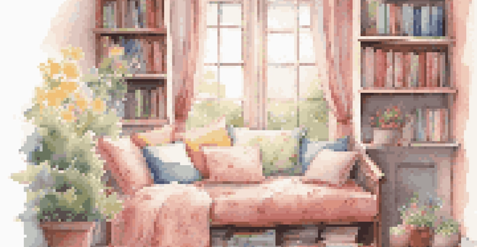 A bright and cheerful reading nook for children, adorned with spring-themed decorations and soft lighting.