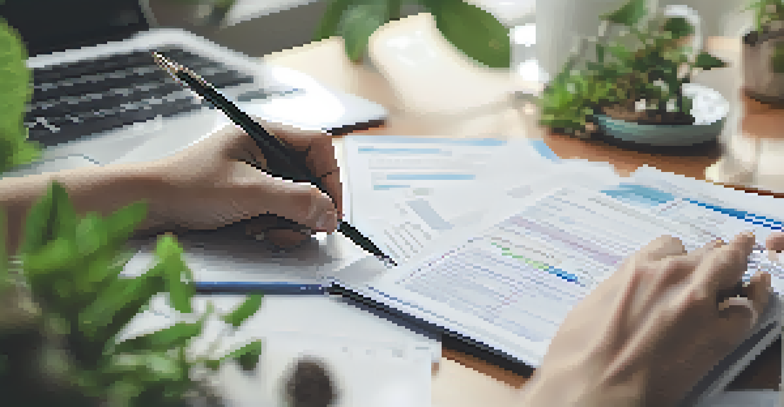 A person writing notes on an amortization schedule with a laptop and plants in the background, indicating financial planning.
