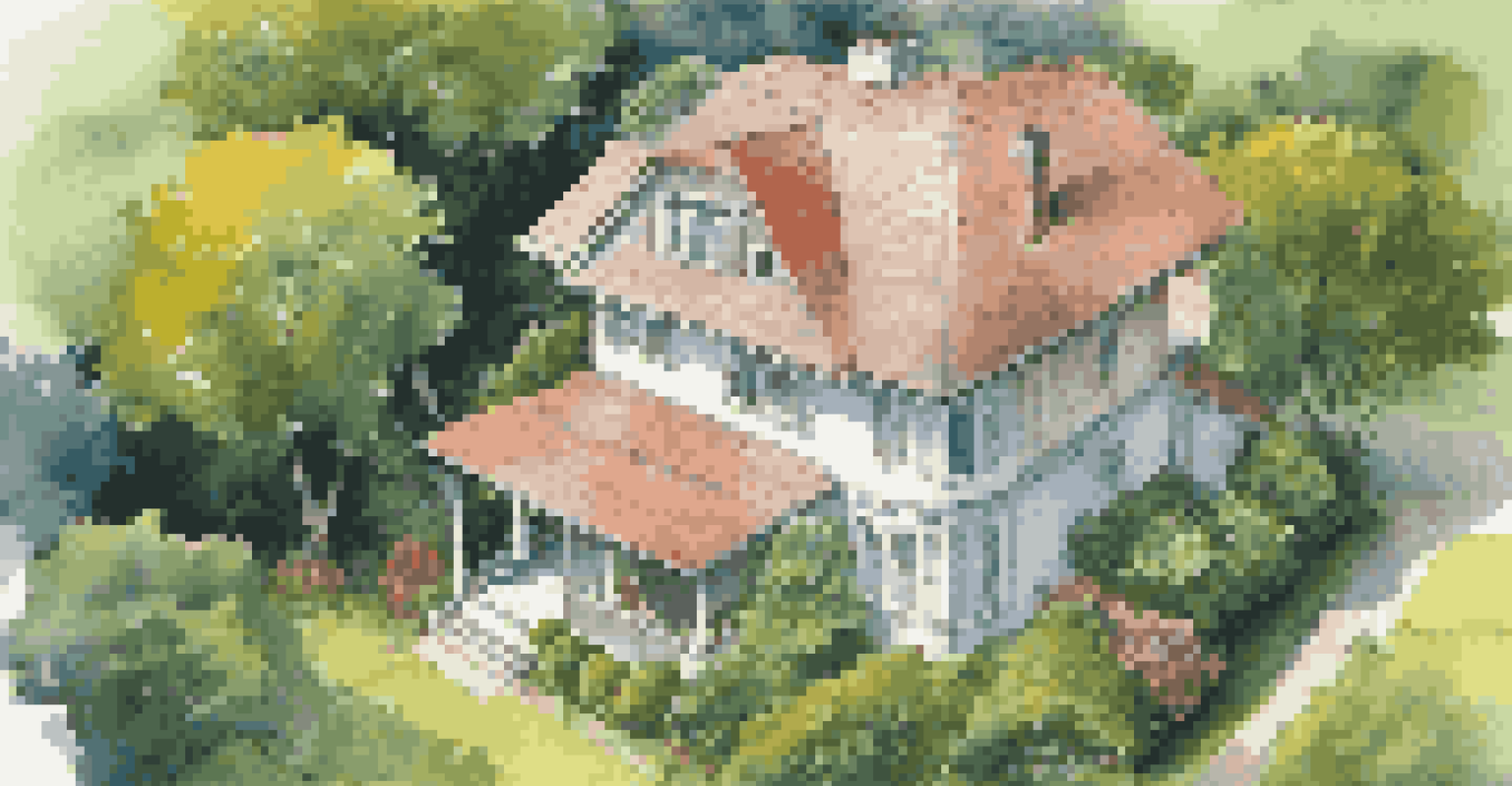 An aerial view of a house with a person inspecting the roof, surrounded by greenery.