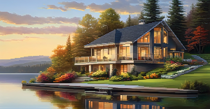 A modern home by a serene lake at sunset, surrounded by greenery and colorful flowers.