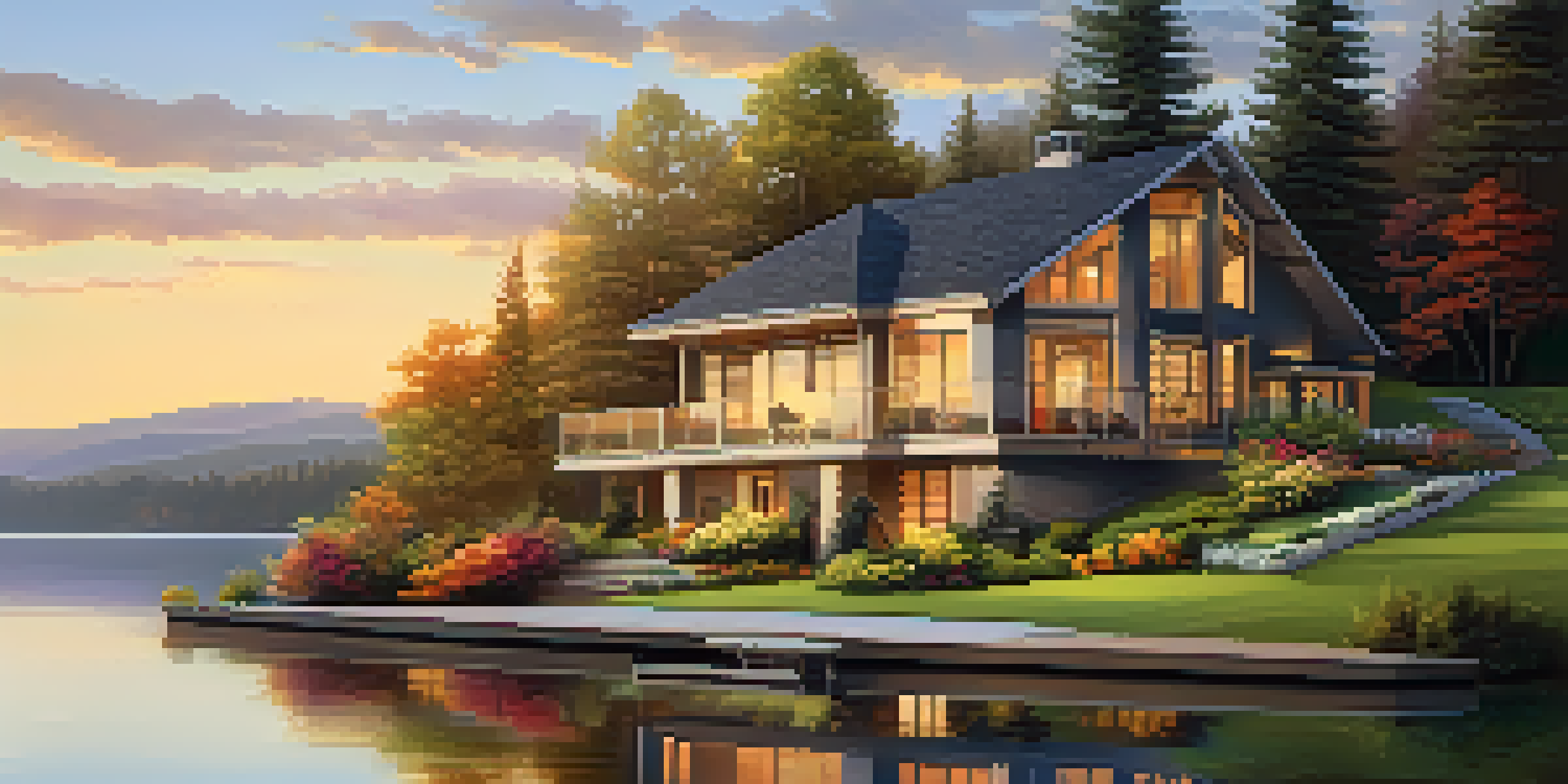 A modern home by a serene lake at sunset, surrounded by greenery and colorful flowers.
