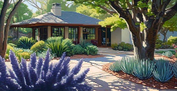 A lush garden with deciduous trees, native plants, and a stone path under bright sunlight, showcasing a sustainable outdoor space.