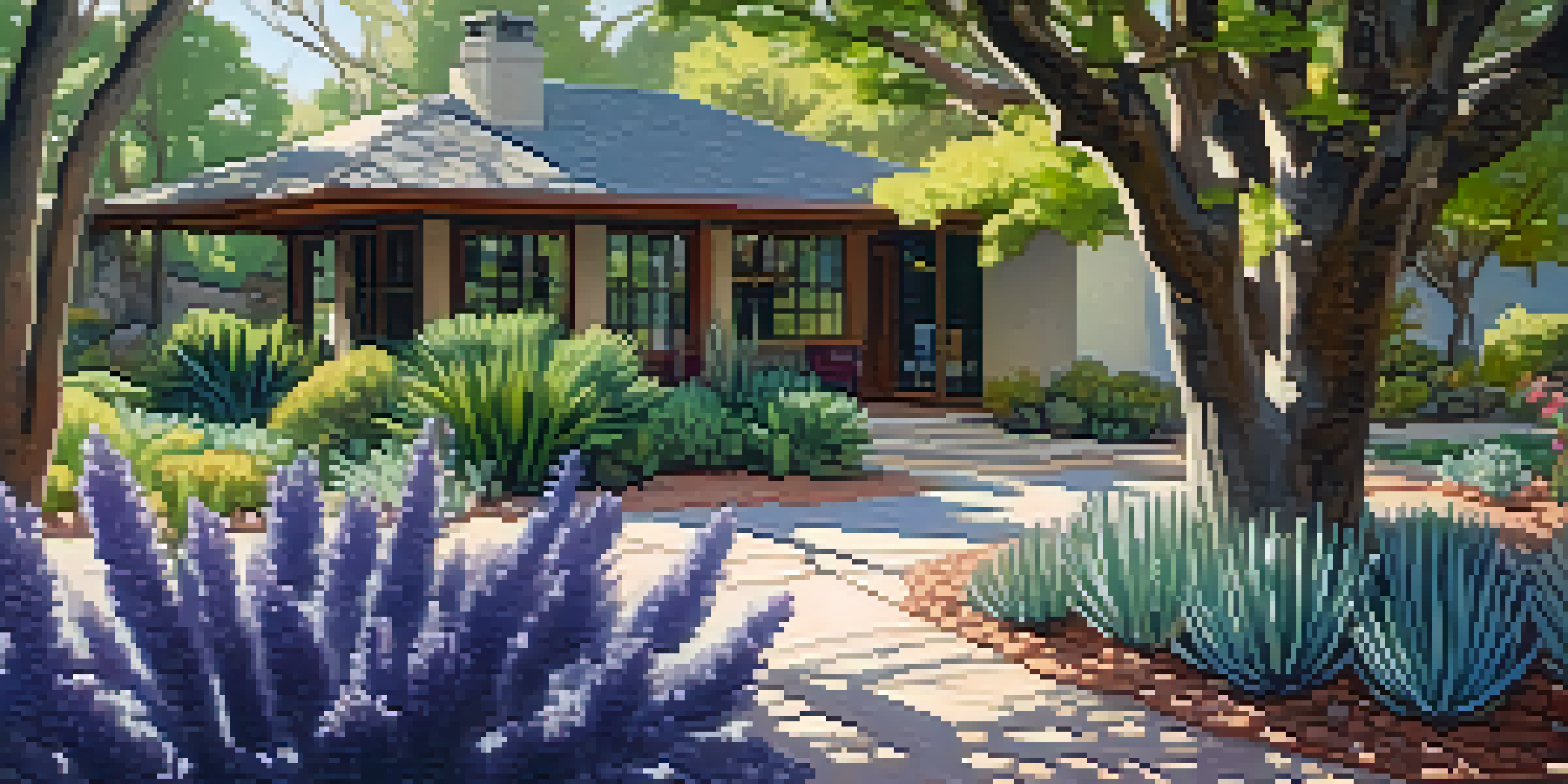 A lush garden with deciduous trees, native plants, and a stone path under bright sunlight, showcasing a sustainable outdoor space.