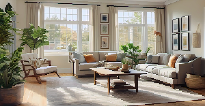 A well-organized and clean living room with natural light, plants, and accessible pathways, ready for a home inspection.