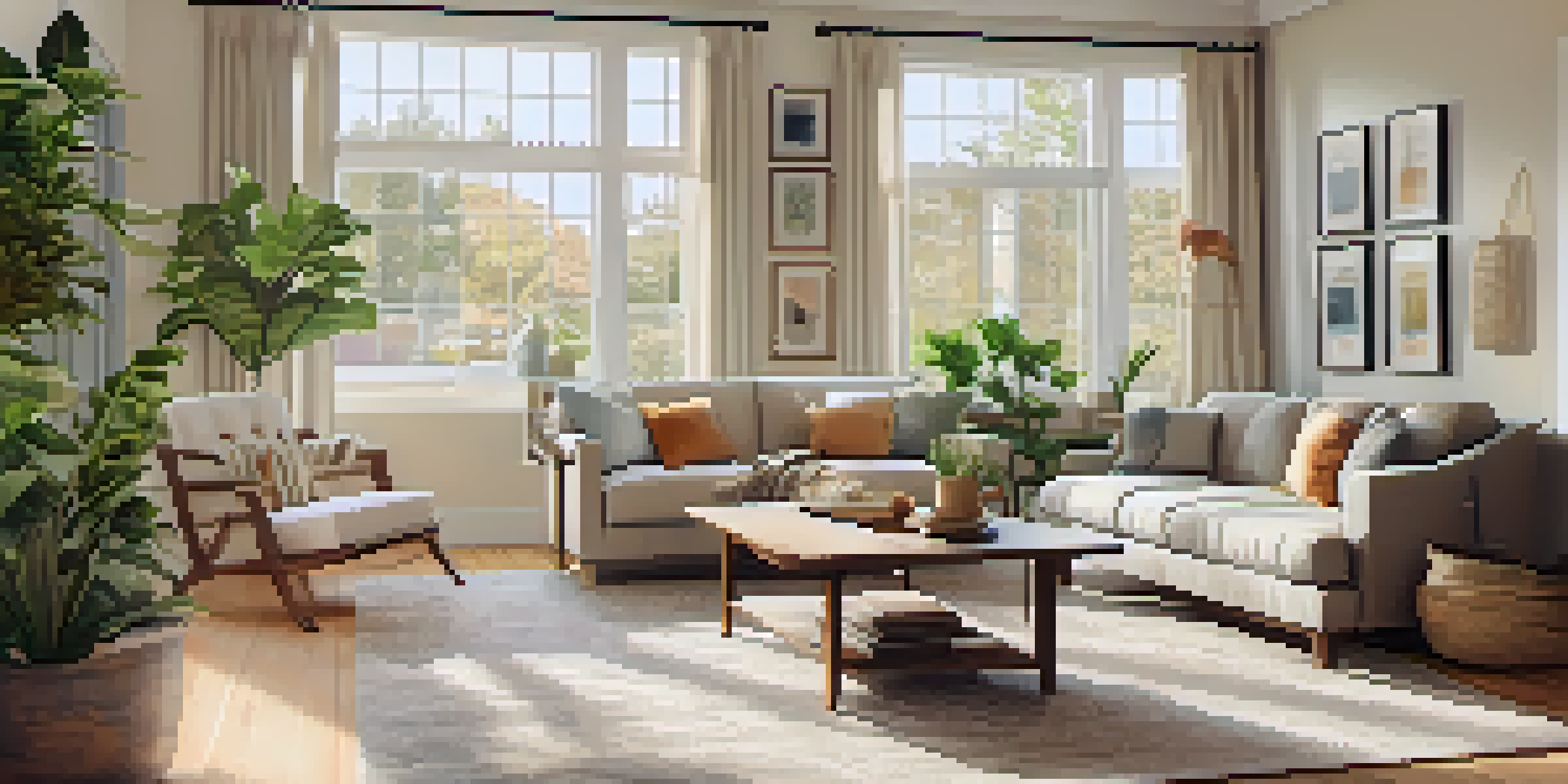 A well-organized and clean living room with natural light, plants, and accessible pathways, ready for a home inspection.