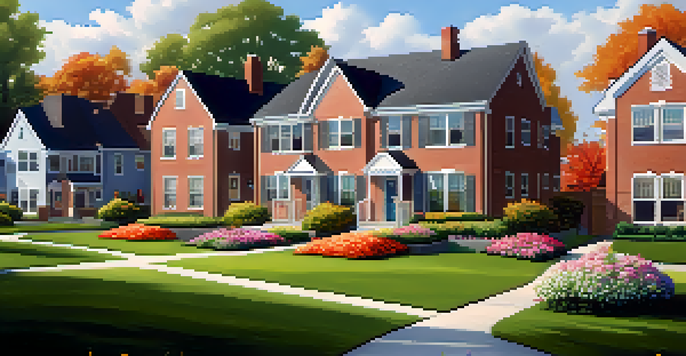 A peaceful neighborhood with beautiful homes and a school in the background, illuminated by afternoon sunlight.