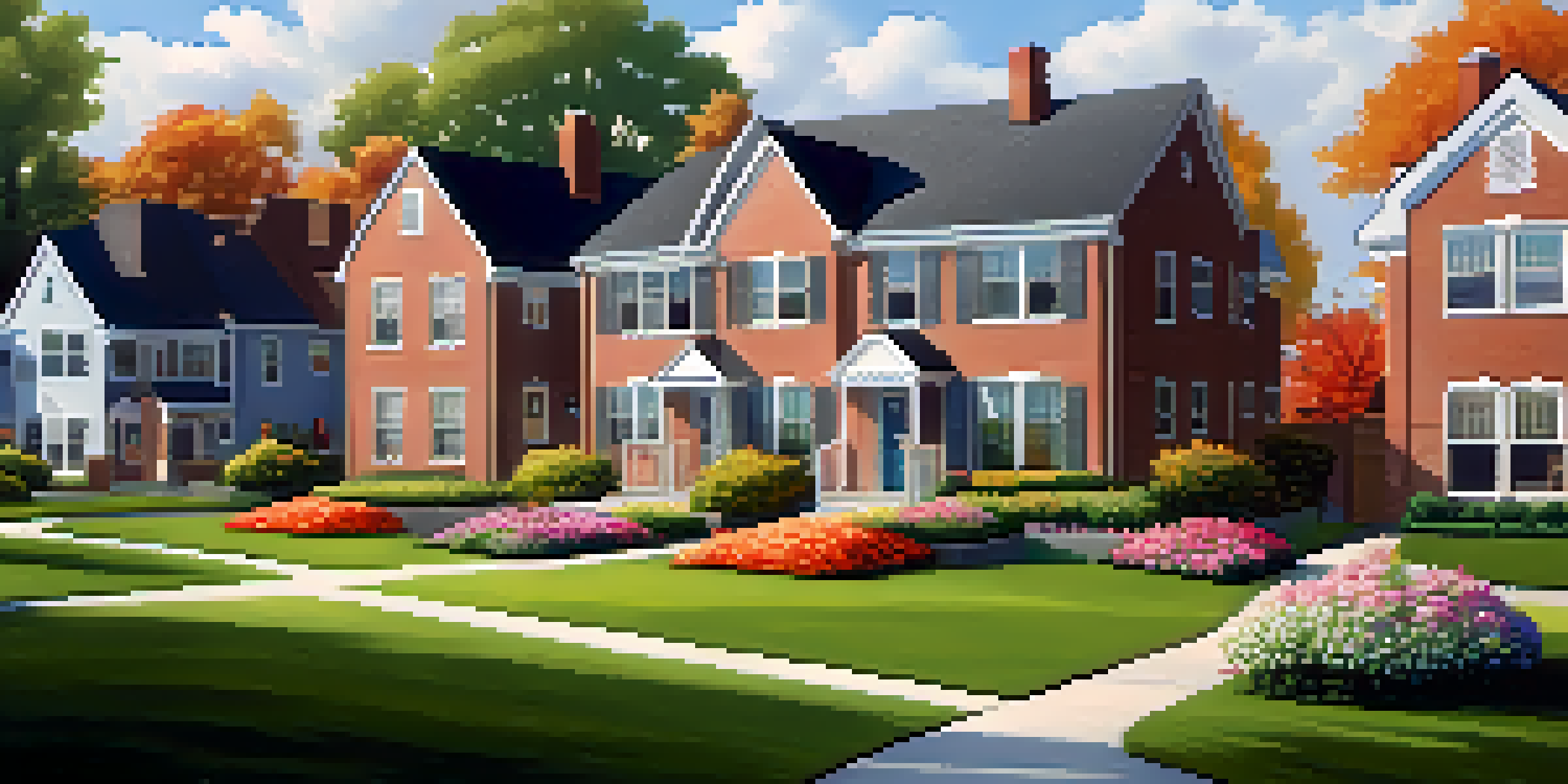 A peaceful neighborhood with beautiful homes and a school in the background, illuminated by afternoon sunlight.