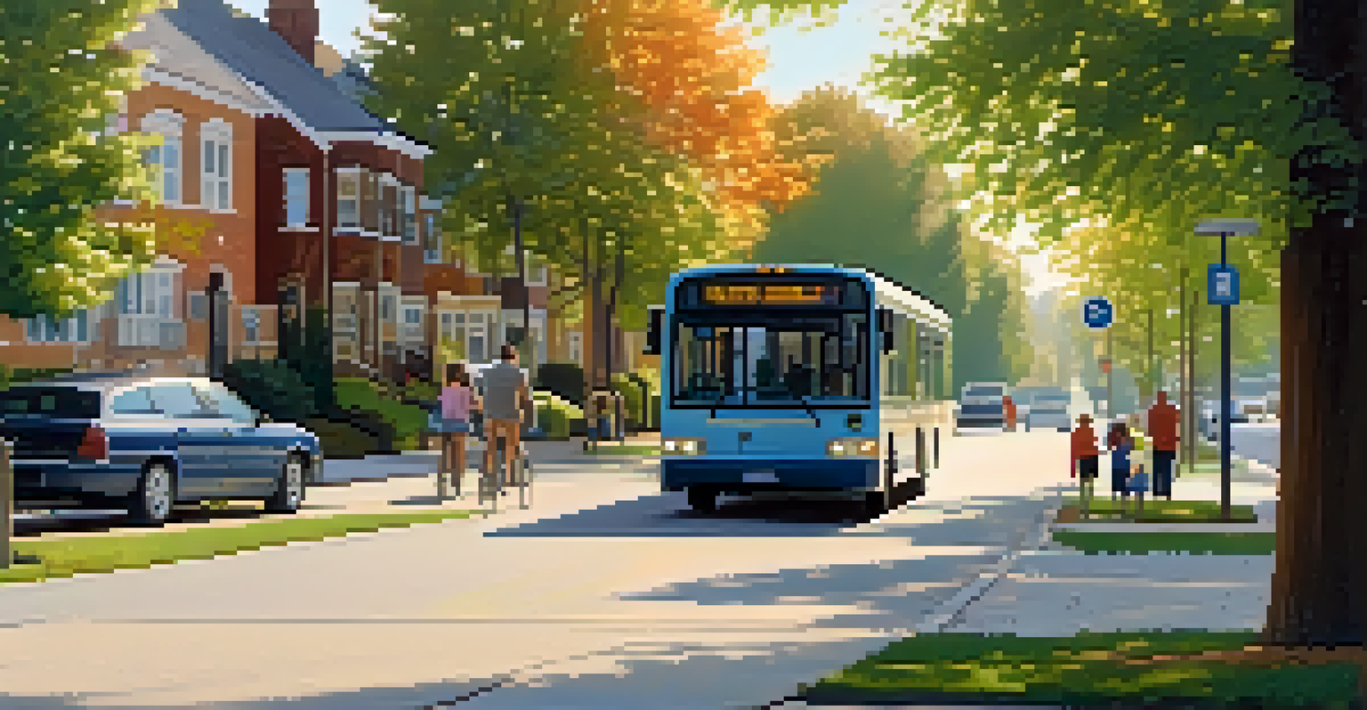 A peaceful suburban neighborhood with a bus stop, cozy homes, and a family waiting for the bus under soft afternoon light.