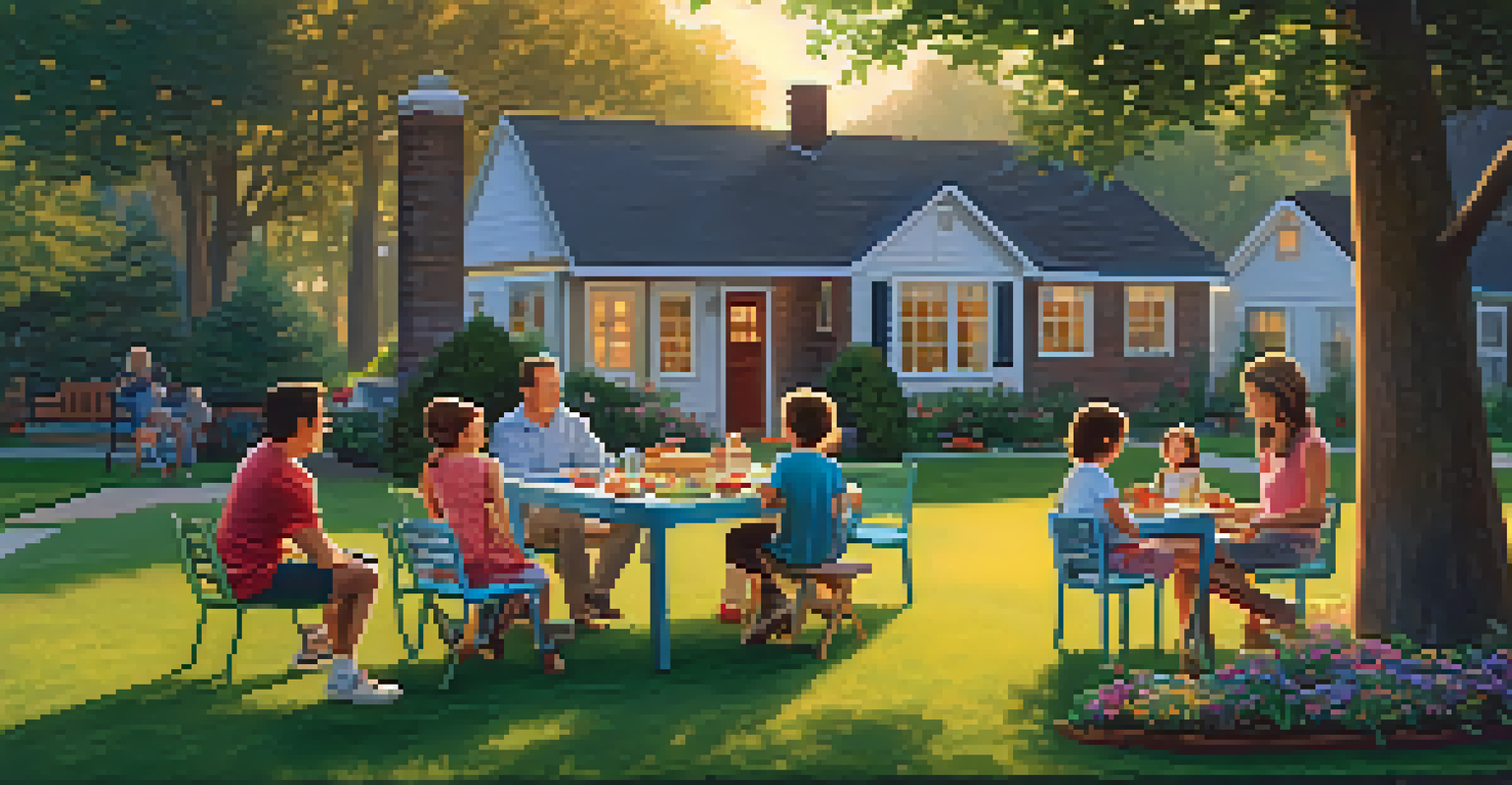 A lively outdoor family gathering in a backyard with a barbecue, picnic table, and children playing, all bathed in warm golden light.