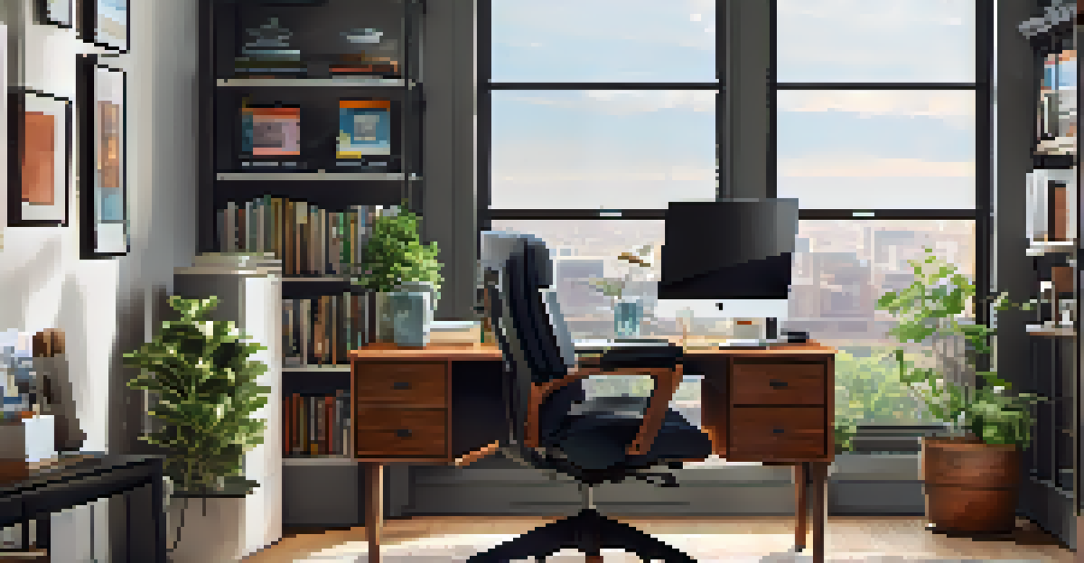 A well-organized home office with energy-efficient appliances and soft lighting, representing a sustainable workspace.