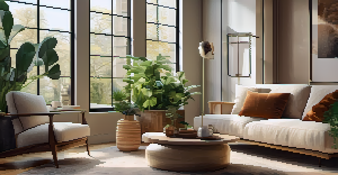 A cozy modern living room with a comfortable sofa, wooden coffee table, and large windows letting in natural light. The room includes houseplants and decorative art pieces in warm earthy tones.