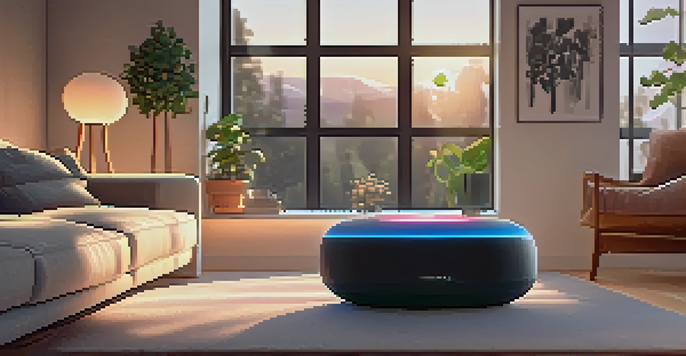 A cozy living room with a smart speaker on a coffee table, warm lighting, and a sunset view through the window.