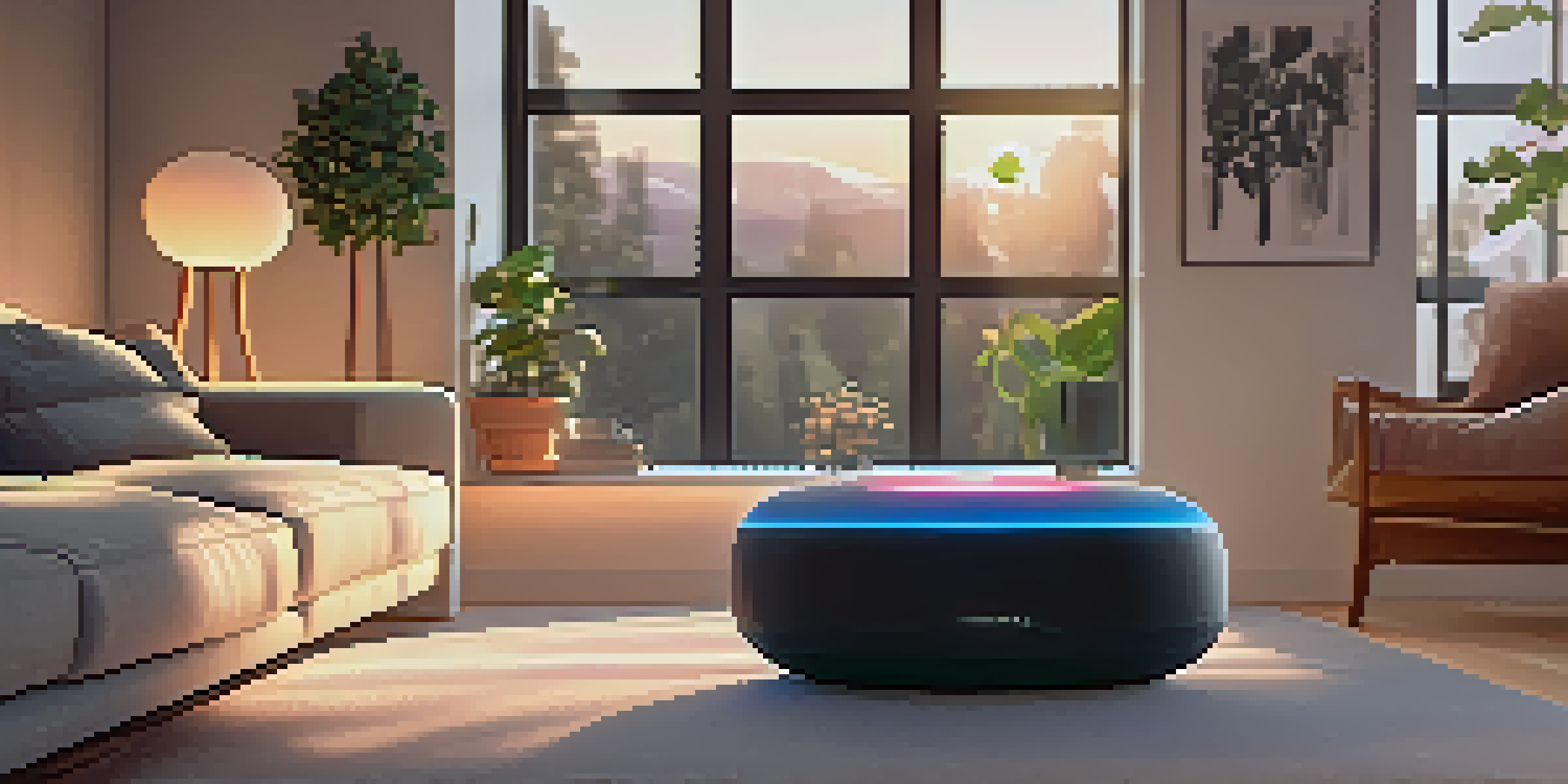 A cozy living room with a smart speaker on a coffee table, warm lighting, and a sunset view through the window.