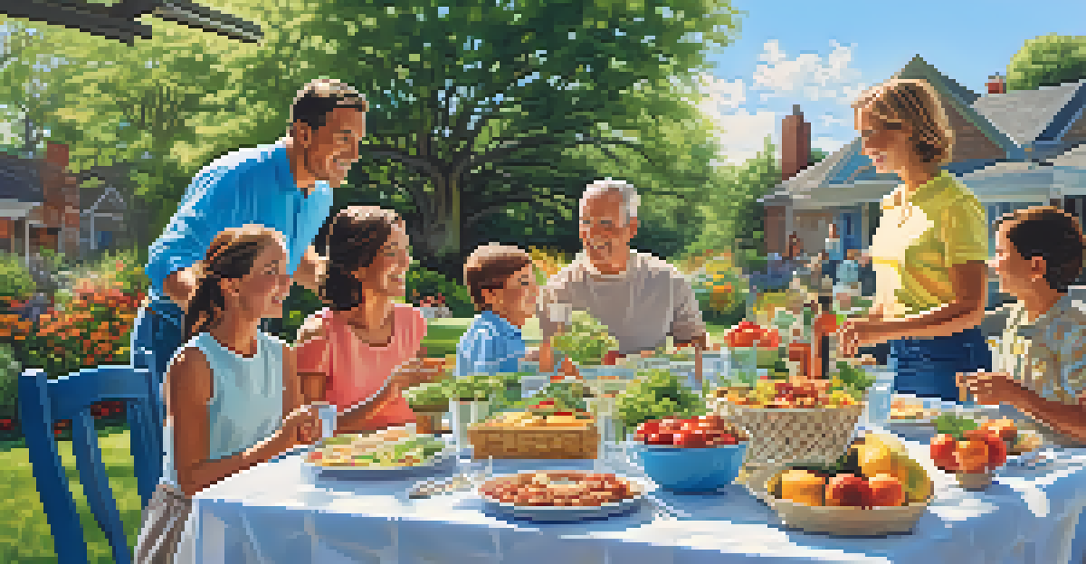 A family picnic in a sunny backyard, showcasing multiple generations enjoying a meal together at a picnic table surrounded by flowers and greenery.