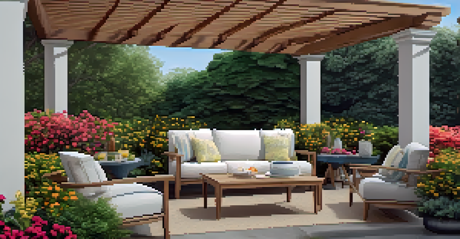 A relaxing outdoor lounge area with colorful flowers, cozy furniture, and a shaded pergola.