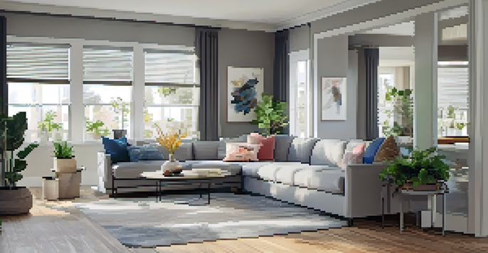 A bright and inviting modern rental apartment interior with contemporary furniture and large windows.