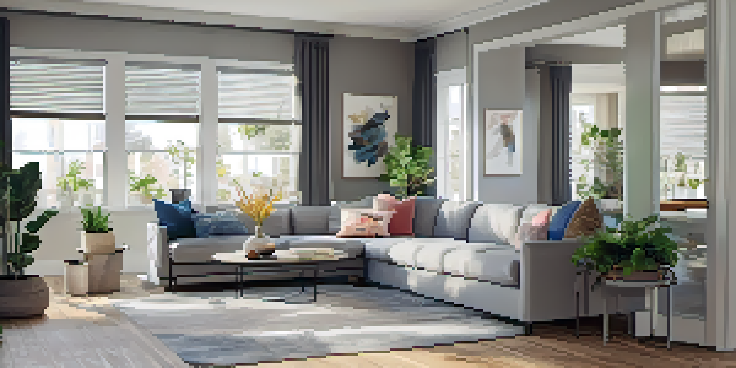 A bright and inviting modern rental apartment interior with contemporary furniture and large windows.