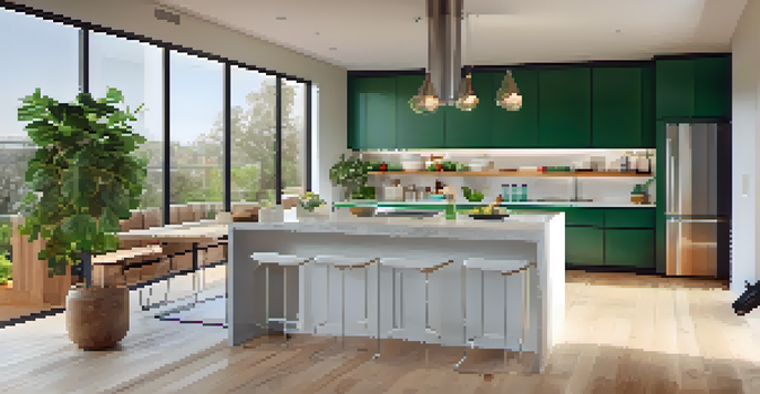 A modern kitchen with sleek cabinets, stainless steel appliances, and a large island, filled with natural light from a big window.