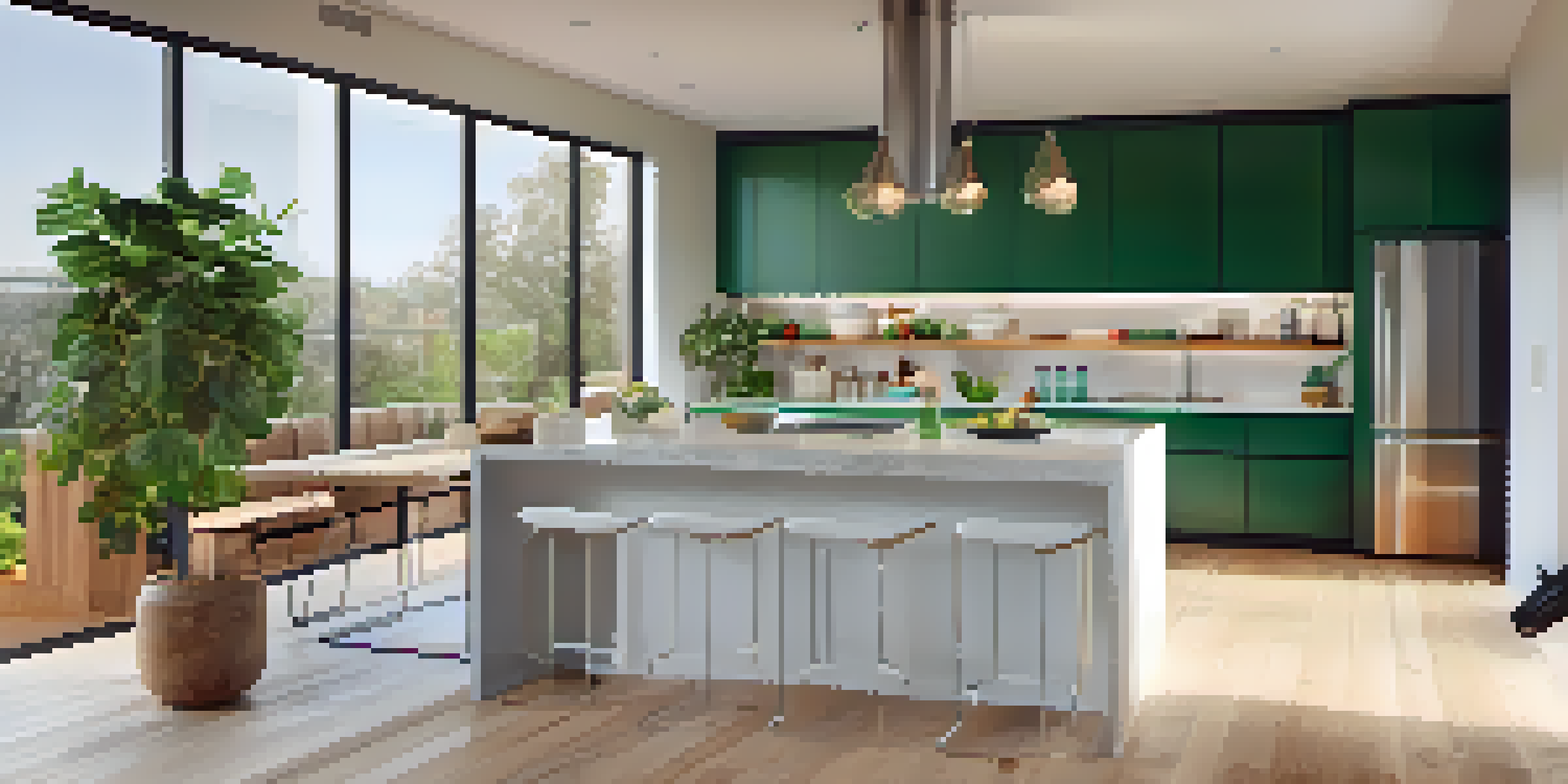 A modern kitchen with sleek cabinets, stainless steel appliances, and a large island, filled with natural light from a big window.