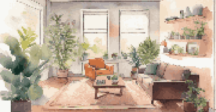 A warm and inviting living room with a smart thermostat, a person controlling it with a smartphone, and cozy decor.